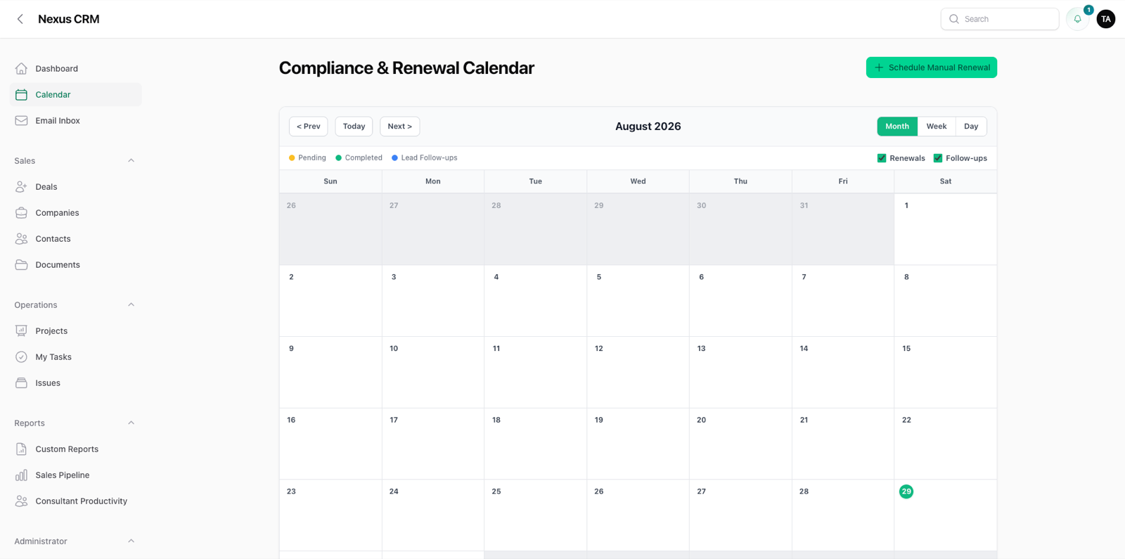 Nexus CRM compliance and renewal calendar with renewals and follow-ups by month