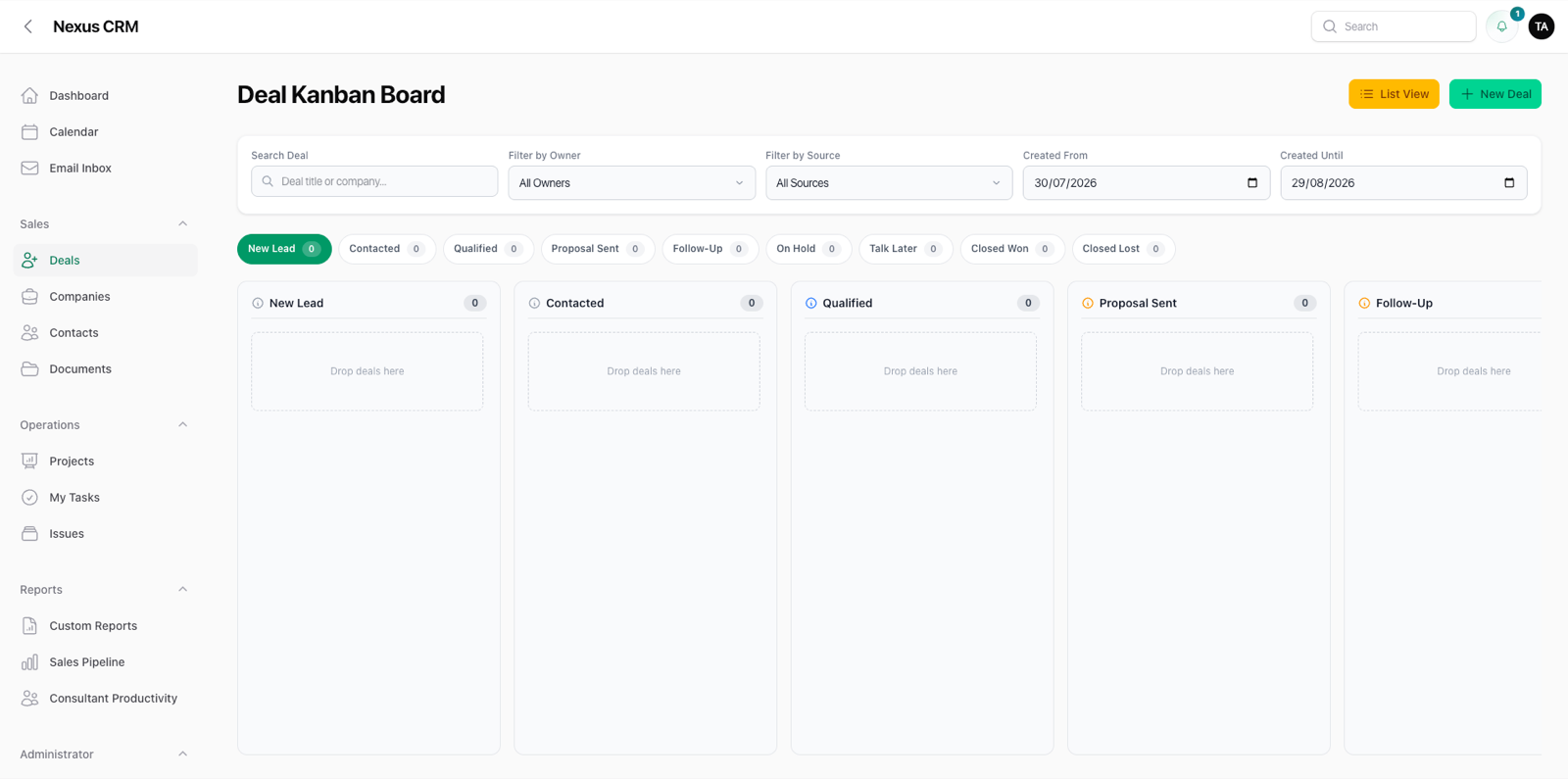 Nexus CRM deal kanban board staged from new lead through closed won